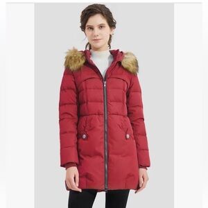OLAY Red Puffer Jacket With Faux Fur Hood